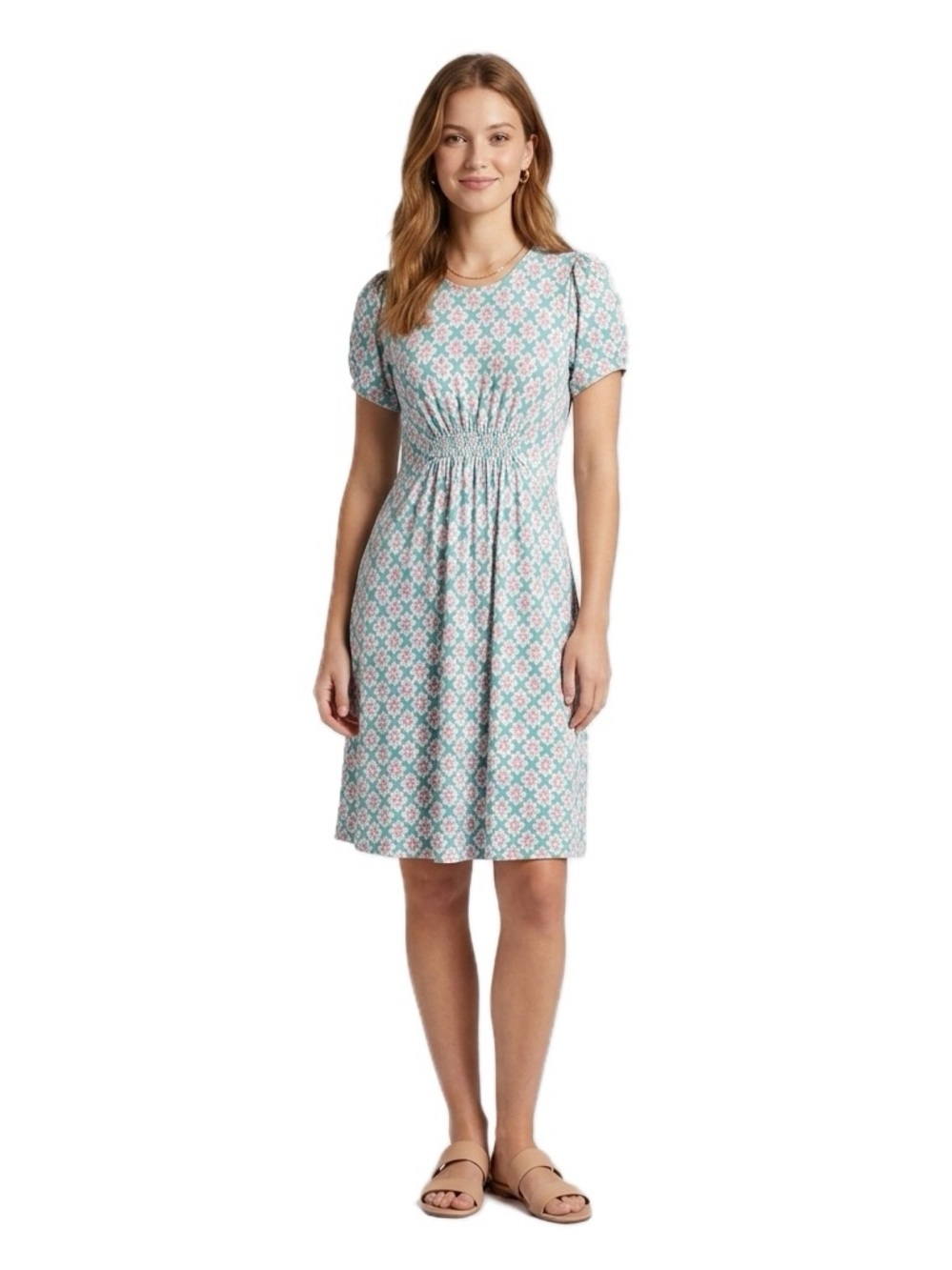 Boden Green and Pink Floral Geometric Print Smocked Waist Dress